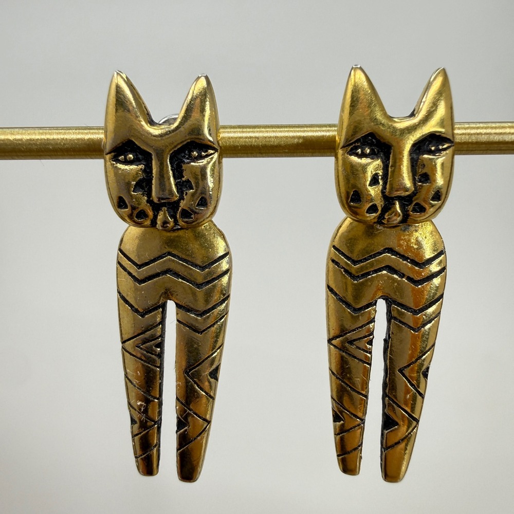 Laurel Burch Standing Cat Earrings Trembler Dangle Swinging Zig Zag Vintage Gold